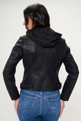 Vegan Leather Black Zip Up Hooded Jacket Coalition LA